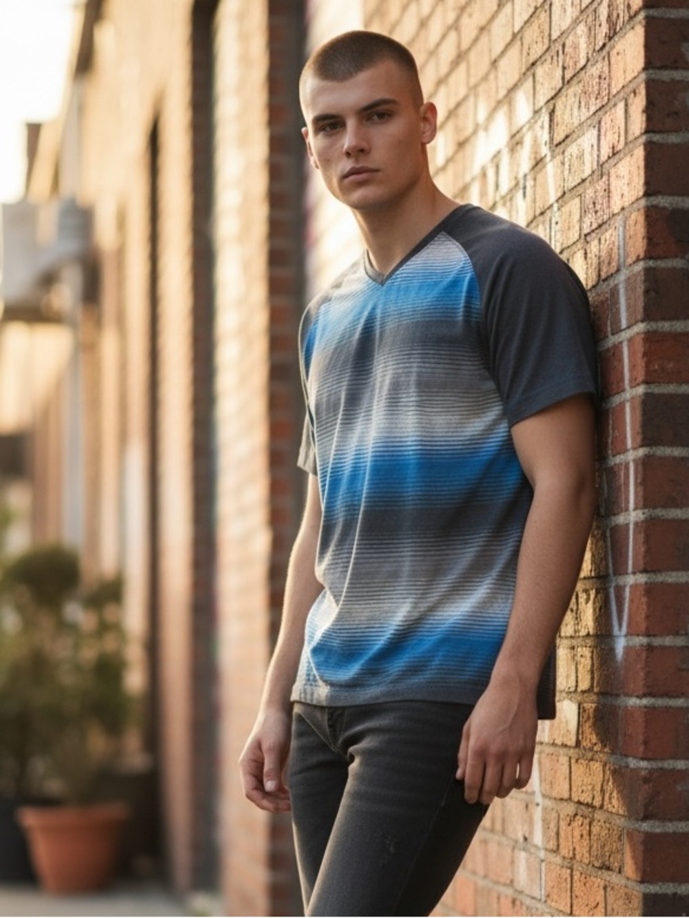 Men's Gradient Blue & Gray Short Sleeve  V‑Neck Tee